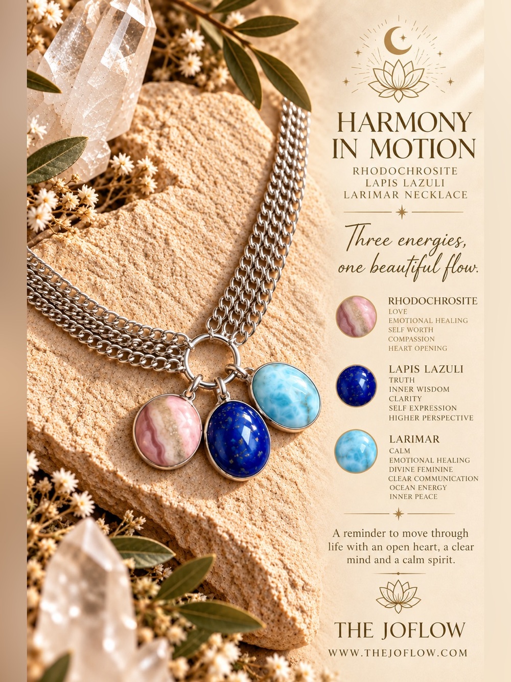 925 Triple Harmony Larimar, LAPIS LAZULI, Rhodocrosite Pendant Necklace